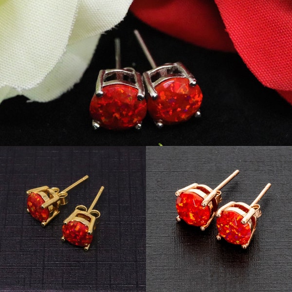 Ruby Red Opal Earrings, Faceted Red Opal Stud Earrings, White Gold Plated/14k Gold Plated/Rose Gold Plated Earrings, 5mm-8mm Studs - Opals