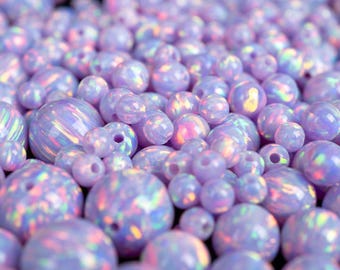 Cuentas redondas de ópalo de fuego arcoíris morado unicornio / Sintéticas totalmente perforadas para la fabricación de joyas (3-8 mm)