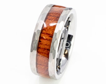 Tungsten Ring, Faceted/Hammered Tungsten Koa Wood Ring, - Men's Engagement Ring/Wedding Ring/Wedding Band/Men's Ring/Women's Ring/Wood Ring