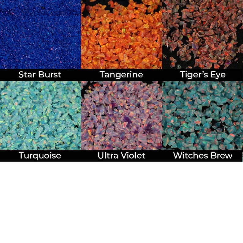 Puede incluir: Primer plano de seis piedras de &oacute;palo trituradas de diferentes colores. Los colores incluyen Star Burst, Tangerine, Tiger's Eye, Turquoise, Ultra Violet y Witches Brew. Cada color tiene su nombre debajo.