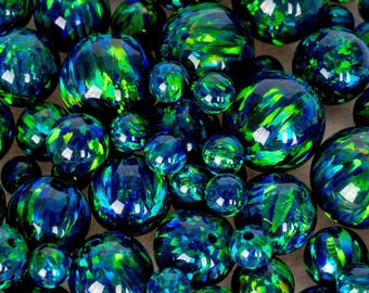 Black Emerald Blue-Green Fire Opal Round Beads | Fully Drilled Synthetic for Jewelry Making (3-10mm)