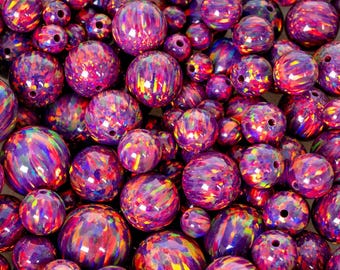 Cuentas redondas de ópalo de fuego color púrpura oscuro orquídea / Sintéticas totalmente perforadas para la fabricación de joyas (3-10 mm)