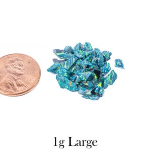 Puede incluir: Un mont&oacute;n de virutas de &oacute;palo azul-verdoso iridiscente junto a una moneda. Las piezas de &oacute;palo tienen un aspecto fracturado y reflejan m&uacute;ltiples colores. El texto "1g Large" est&aacute; en la parte inferior de la imagen.
