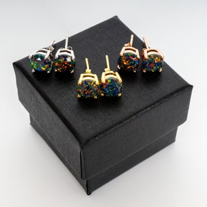 Black Fire Opal Earrings, Faceted Black Opal Stud Earrings, White Gold Plated/14k Gold Plated/Rose Gold Plated Earrings, 5mm-8mm Studs