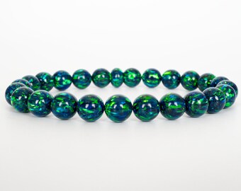 Black Emerald Opal Beaded Bracelet - Handmade Lab-Created Stretch Bracelet for Men & Women