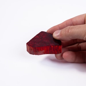 May include: A polished, triangular-shaped piece of deep red material with a smooth, glossy surface. The object features a dark, speckled texture on its top face and vertical, fibrous-looking red striations along its side edges.