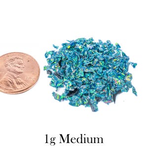 Puede incluir: Un mont&oacute;n de fragmentos de vidrio triturado azul-verdoso iridiscente junto a una moneda. El texto "1g Medium" est&aacute; debajo. Los fragmentos tienen un aspecto reflectante y brillante.