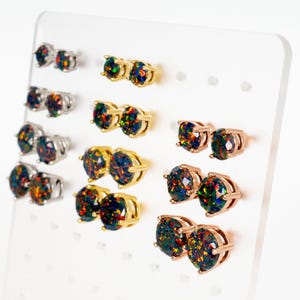 Black Fire Opal Earrings, Faceted Black Opal Stud Earrings, White Gold Plated/14k Gold Plated/Rose Gold Plated Earrings, 5mm-8mm Studs