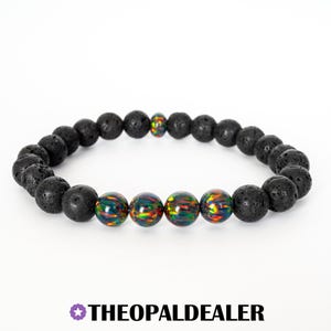 Black Fire Opal Lava Stone Beaded Bracelet - Handmade Lab-Created Stretch Bracelet for Men & Women