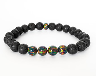 Pulsera de cuentas de piedra de lava de ópalo de fuego negro - Pulsera elástica hecha a mano en laboratorio para hombres y mujeres