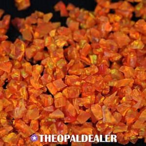 May include: A close-up shot of a collection of bright orange opal chips. The chips are of various shapes and sizes, with a shimmering quality. The text "THEOPALDEALER" is visible at the bottom.