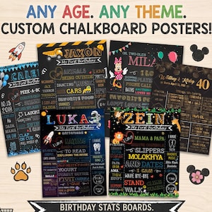 Aangepaste verjaardag schoolbordposter, mijlpaalbord voor elke leeftijd, gepersonaliseerd digitaal statistiekenbord, decor 1e verjaardagsfeestje, afdrukbare aandenken