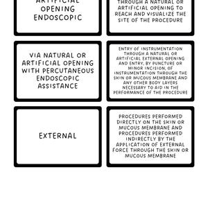 May include: A diagram with four black-bordered boxes, each containing text describing different types of medical procedures. The first box says "Via natural or artificial opening endoscopic". The second box says "Via natural or artificial opening with percutaneous endoscopic assistance". The third box says "External". The fourth box says "Procedures performed directly on the skin or mucous membrane and procedures performed indirectly by the application of external force through the skin or mucous membrane".