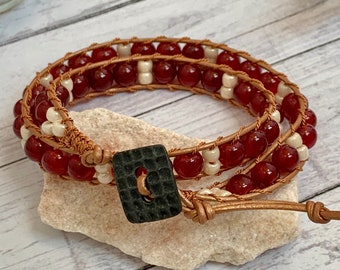 Leather Wrap Bracelet, Red and Cream Beaded Bracelet, Adjustable Double Wrap Bracelet, Boho Style