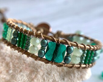 Girls Green Beaded Wrap Bracelet, Metallic Leather, Adjustable Wrap Bracelet, Swarovski Crystal, Small Wrist Bracelet, Antique Button