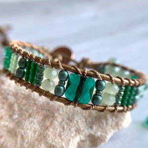 Girls Green Beaded Wrap Bracelet: Swarovski Crystal, Metallic Leather