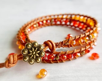 Girls Orange Beaded Bracelet, Orange Leather Double Wrap, Small Wrist Bracelet, Beaded Wraparound Adjustable Bracelet, Rosette Button