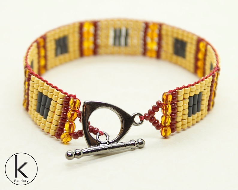 Red and Yellow Seed Bead Loom Bracelet with Toggle Clasp