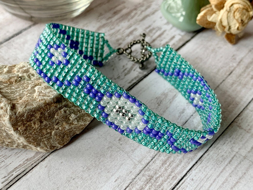 ●tow tow archive● Feverfew Leather Bead Bracelet Blue TBH5 Abstract Mountain Bead Woven Loom Leather Bracelet – Tower