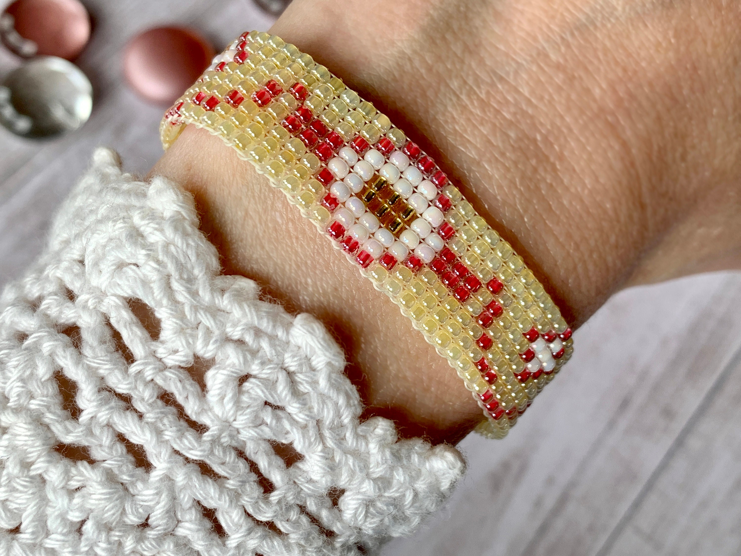 Yellow and Pink Seed Bead Loom Bracelet, Toggle Clasp