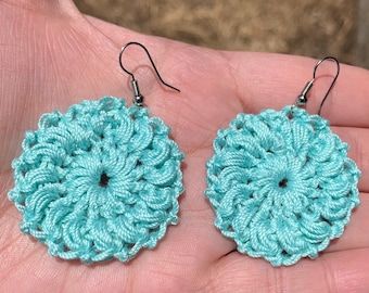 Sea Green Earrings, Sea Green Medallion Dangle Crochet Earrings for Sensitive Ears, Crochet Earrings, Beach Inspired Earrings