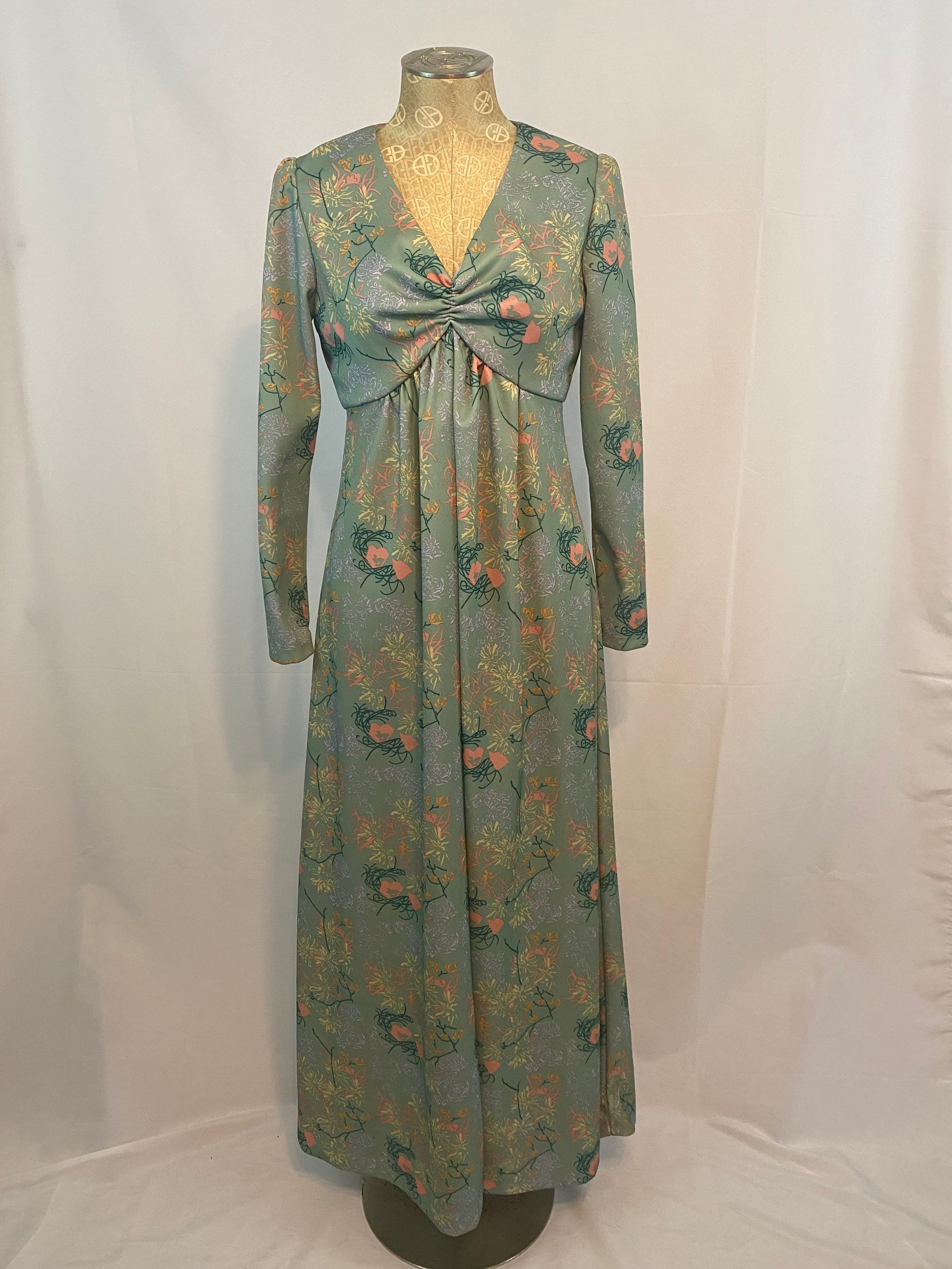 long olive green bridesmaid dresses Vintage 1940s Green Floral Rayon Day Dress
