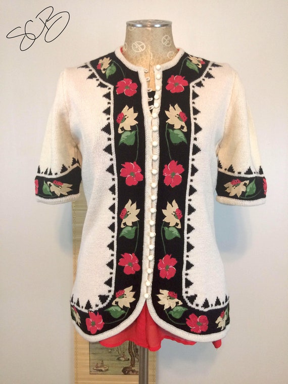 Vintage 1990s 90s Umi Collections Floral Cream Cardigan, Size Medium