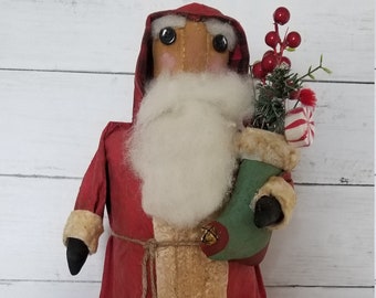 Santa Mounted on a Vintage Spool, Primitive Santa , Kris Kringle, Father Christmas, Saint Nicholas, Santa Holding  Stocking, Christmas Decor