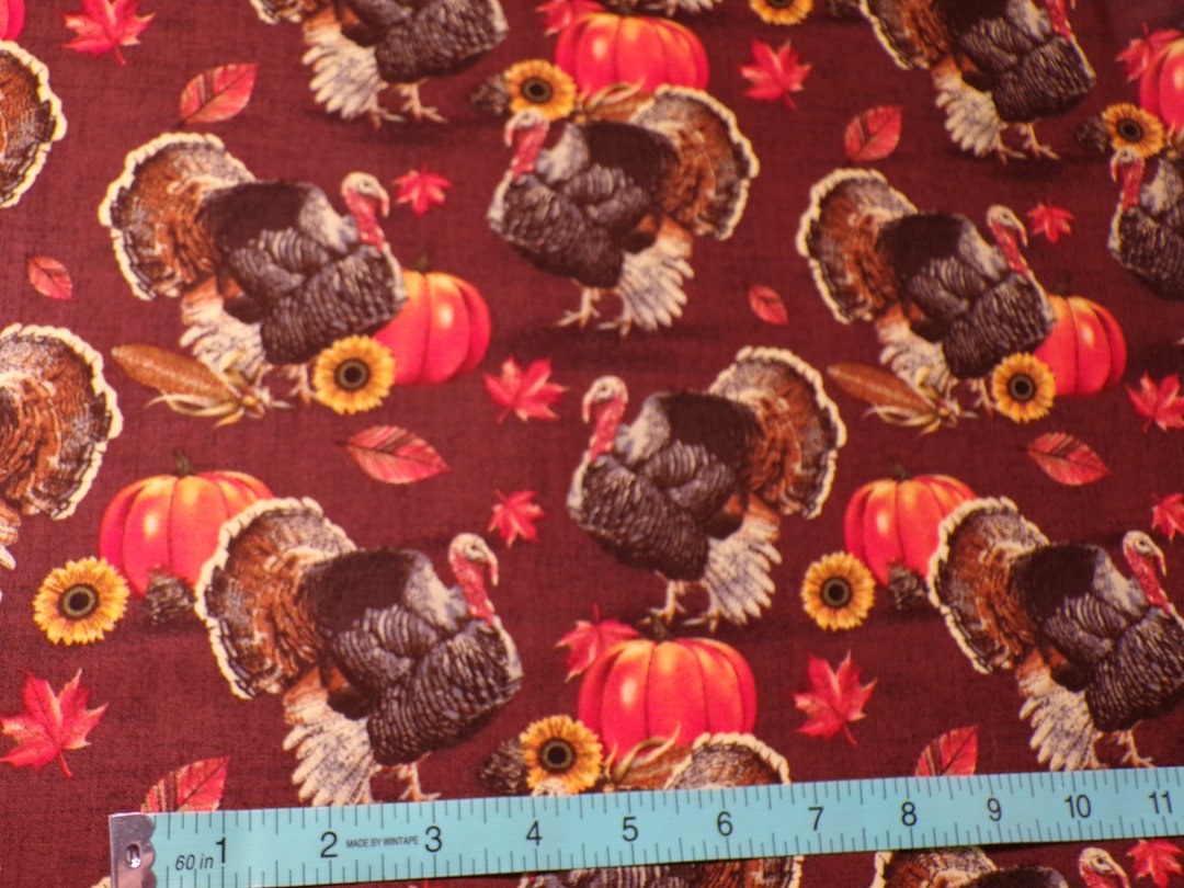Burgundy Turkey Town Cotton Fabric: Thanksgiving Pumpkin Novelty Print ...