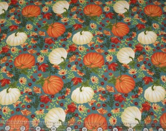 Pumpkin Patch Quilt Fabric/Teal Sewing Fabric/Fall Fabric/ Harvest Fabric By the half Yard