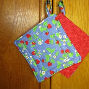 Quilted Pot Holders Set: Strawberry Vines Floral, Insulated Cotton (Set of 2)
