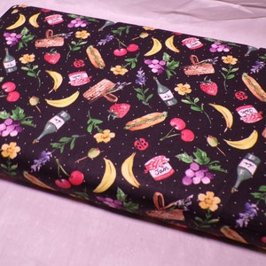 Novelty Cotton Fabric  food jam Picnic Necessities On Black fabric by the yard