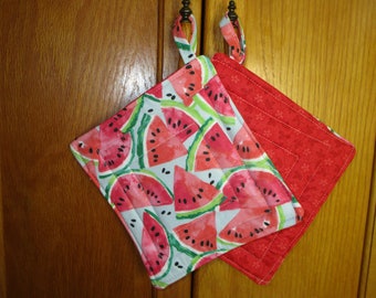 Pot holder/Hot Pad/Trivet, insulated pot holder, Quilted Pot Holders Set of 2 - Watermelon theme pot holders