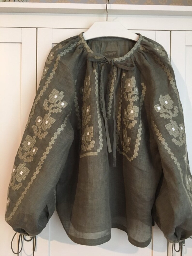 Linen Mexican style blouse Ukrainian blouse Vyshyvanka in Bohemian style Linen shirt Linen blouse of Khaki color