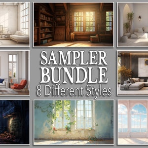 Peut inclure: Un collage de huit styles d'intérieur différents, chacun mettant en scène une fenêtre avec une vue. Le texte "SAMPLER BUNDLE 8 Different Styles" est au centre du collage.
