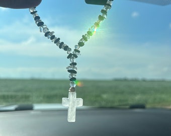 Tourmaline and Quartz Protection Cross - Intention Crystal Car Charm- Quartz Crystal Cross