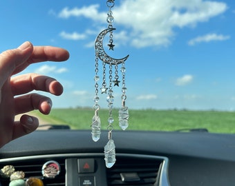 Mind, Body and Soul Healing Intention Crystal Car Charm -Quartz Crystal, Magical Moon and Stars