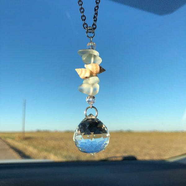 Seashell and Sea Glass Car Charm - Car Suncatcher