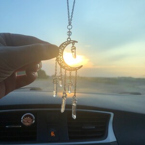 Balance Intention Crystal Car Charm. Quartz Crystal moon car charm.