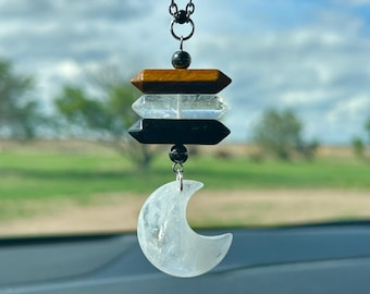 Quartz Crystal Moon Travel Protection Intention Crystal Car Charm - 4 Crystal Protection - Tiger Eye - Black Obsidian - Hematite - Quartz