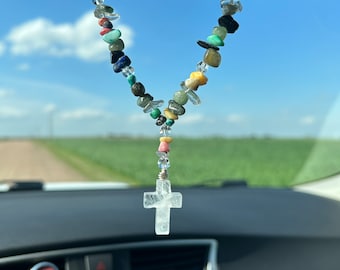 Quartz Crystal Carved Cross - Mixed Crystal Car Charm - Sparkly!
