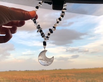 Powerful Protection Intention Crystal Car Charm - Black Tourmaline and Clear Quartz