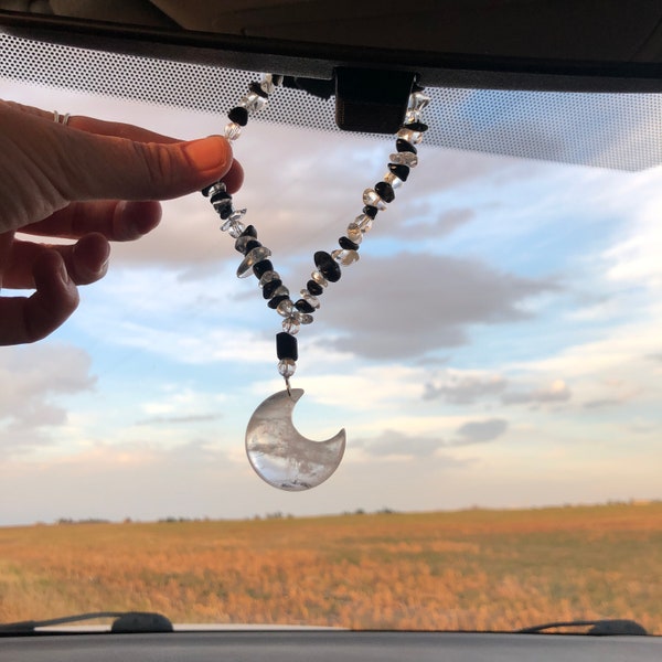 Powerful Protection Intention Crystal Car Charm - Black Tourmaline and Clear Quartz