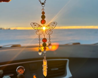 I Am Powerful, Beautiful and Protected - Intention Crystal Car Charm - Butterfly and 4 crystals.