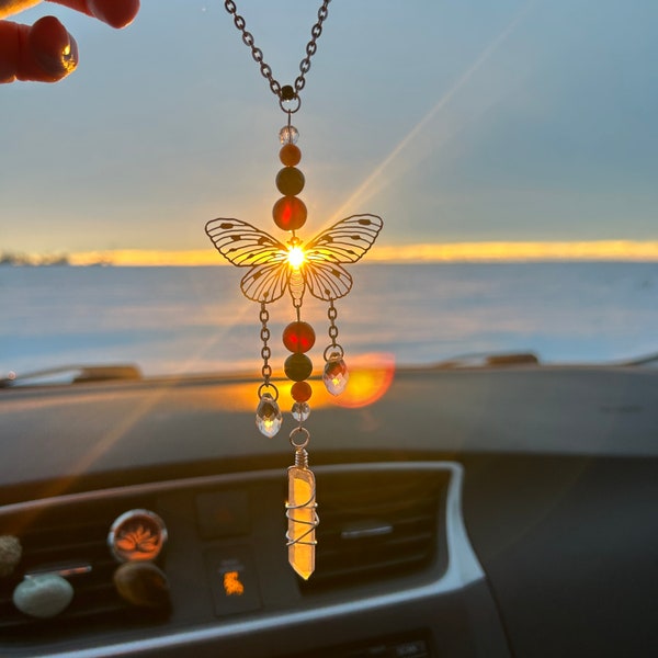 I Am Powerful, Beautiful and Protected - Intention Crystal Car Charm - Butterfly and 4 crystals.