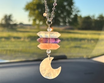 Peace, Love and Healing Intention Crystal Car Charm - Quartz Crystal Moon - Purple Amethyst - Pink Rose Quartz
