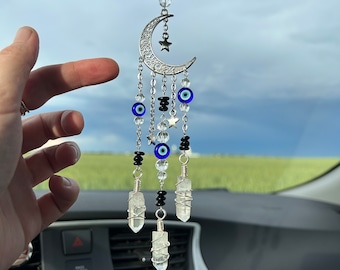 Triple Eye Evil Eye Protection Intention Crystal Car Charm - Black Tourmaline and Quartz