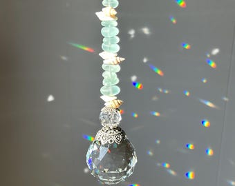 Sea Glass Window Suncatcher with Seashells & Starfish - Ocean Energy Window Rainbow Maker