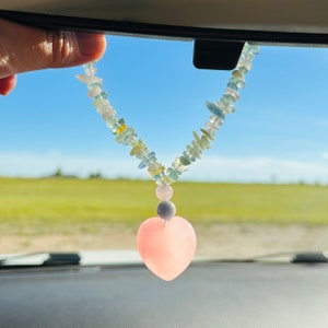 Attract Love Intention Crystal Car Charm - Rose Quartz Crystal Heart - Morganite - Angelite - Looks Like Candy