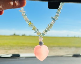 Attract Love Intention Crystal Car Charm - Rose Quartz Crystal Heart - Morganite - Angelite - Looks Like Candy